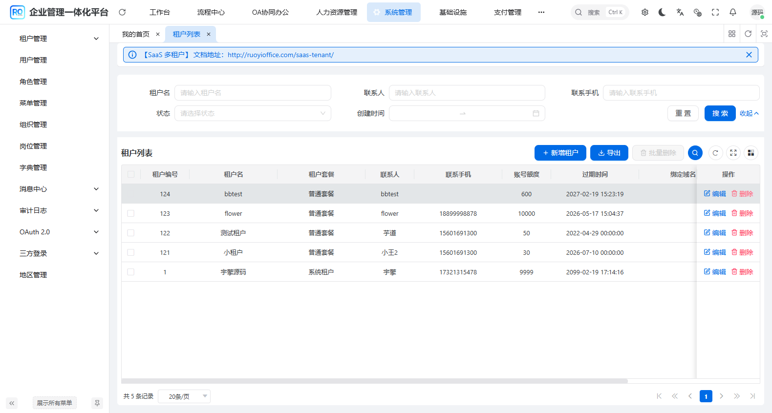 RuoYi Office 多租户管理 - SaaS 架构，一套系统服务多家企业