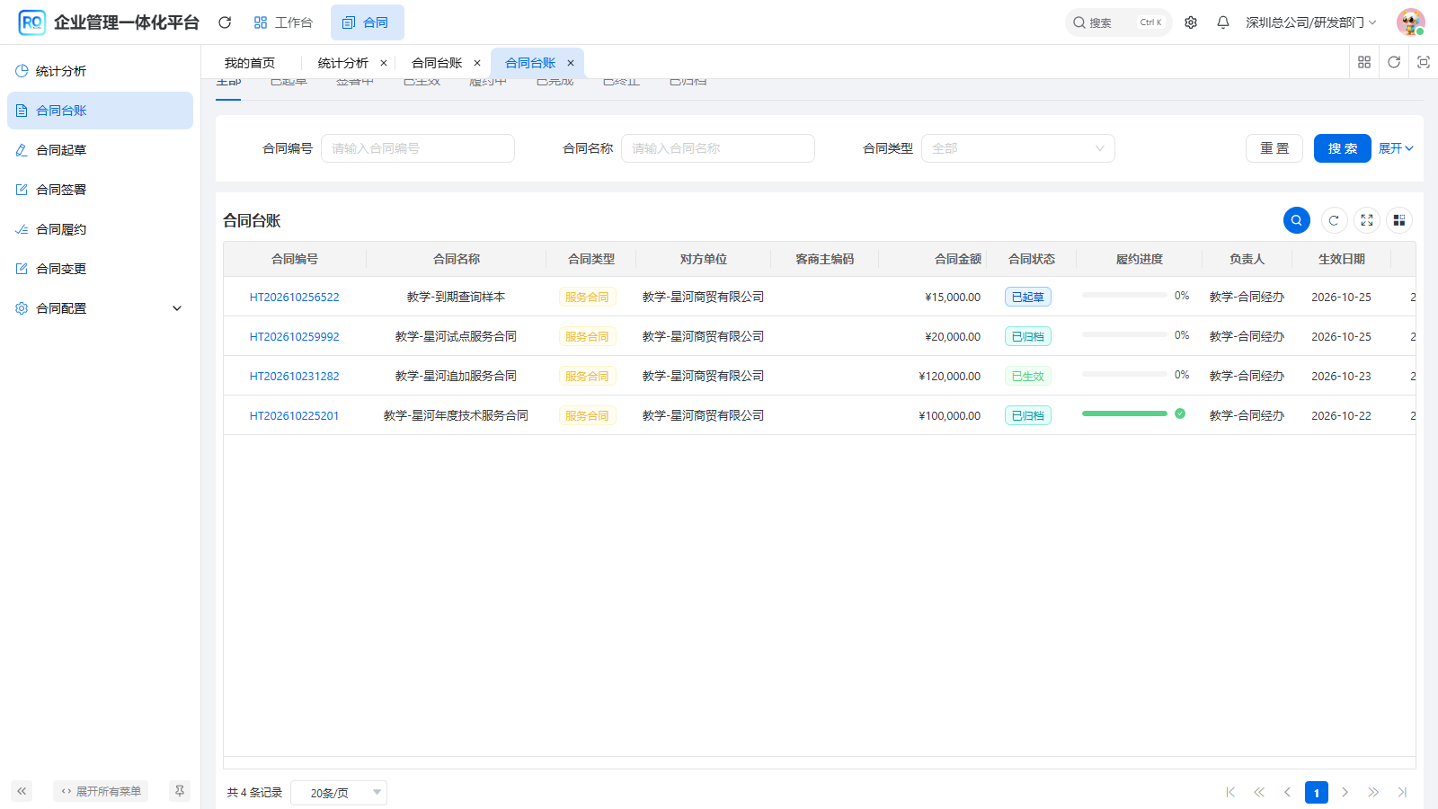 图12 分类下钻后的四份合同，可逐行核算255000元